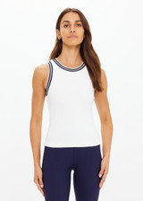 THE UPSIDE women's white performance Kirsty Rib Tank Top is designed to be fitted and features a striped navy and white rib neckband and armhole.