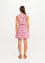 THE UPSIDE women's pink floral organic cotton Lahaina Maxine Wrap Mini Dress features a V neckline, wide straps and wooden bead ends on drawcord. Made for lifestyle.