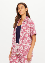 THE UPSIDE women's pink floral organic cotton Lahaina Cabana Zip Shirt features front patch pockets with zippers. Made for lifestyle.