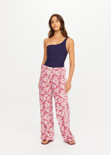 THE UPSIDE women's pink floral organic cotton Lahaina Charli Drawstring Pant has a low-rise straight leg fit with a soft elasticated waistband with drawcord. Perfect for everyday or holiday.