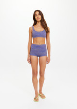 THE UPSIDE women's blue jacquard Neptune Scoop Neck Jasmine Bra offers medium coverage with a low scoop neckline with removable cups. Designed for swim.