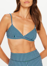 THE UPSIDE women's blue and turquoise Fiesta Capri Fixed Tri offers a soft & supportive fit, featuring adjustable straps in textured check fabrication. Made for swim.