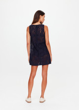 THE UPSIDE women's navy Halcyon Helix Lace Mini Dress is a high neck A-line shift dress with a centre back zipper. Designed to be warm with the Capri Bra and Fox Shortie for coverage. Made for lifestyle.