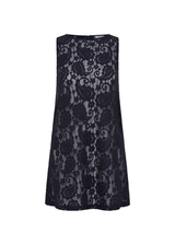 THE UPSIDE women's navy Halcyon Helix Lace Mini Dress is a high neck A-line shift dress with a centre back zipper. Designed to be warm with the Capri Bra and Fox Shortie for coverage. Made for lifestyle.