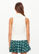 THE UPSIDE women's cream Courtship Henri Collared Top is made in moisture wicking, rib performance fabric and features a ribbed collar and buttons on front neckline. Made for tennis, gold & pickleball.