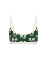 THE UPSIDE women's green Racquet Scoop Danni Bra features a contrast binded scoop neckline, adjustable straps and removable cups with a mini scallop trim at underbust. Made for tennis, golf & pickleball.