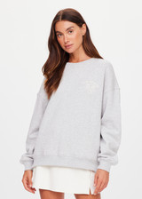THE UPSIDE women's grey organic cotton Racquet Coolum Crew is an oversized fit with small split at side hem and discreet side pockets. Made for tennis, golf & pickleball.