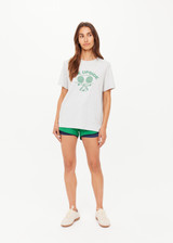 THE UPSIDE women's grey organic cotton jersey Racquet Casey Tee is a regular fit with a green printed racquet logo on front chest. Made for tennis, golf & pickleball.