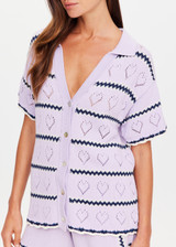 THE UPSIDE women's lilac organic cotton Amara Amayah Knit Shirt is a relaxed fit and features an open knit heart design and pearlised shell buttons. Made for tennis, golf & pickleball.