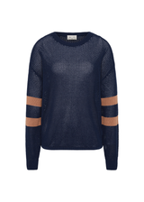 THE UPSIDE women's navy organic cotton Fenway Sebastian Crew offers a relaxed fit and features The Upside logo knit detail on back in tan. Made for lifestyle.