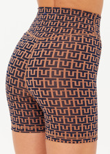 THE UPSIDE women's navy & camel recycled jacquard Castilla 5inch Spin Short is high-rise with a V panel waistband. Made for yoga & pilates.