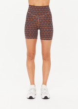 THE UPSIDE women's navy & camel recycled jacquard Castilla 5inch Spin Short is high-rise with a V panel waistband. Made for yoga & pilates.