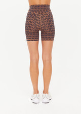THE UPSIDE women's navy & camel recycled jacquard Castilla 5inch Spin Short is high-rise with a V panel waistband. Made for yoga & pilates.