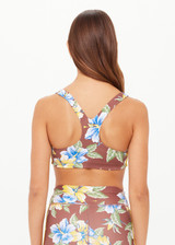 THE UPSIDE women's floral recycled supersoft Isla Racerback Vala Bra features a scoop neckline,  removable cups and contrast yellow binds down side. Made for yoga & pilates.