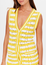 THE UPSIDE women's yellow organic cotton Goldie Watson Crochet Vest is designed for a regular fit and features a hand crocheted flower design and pearl shell buttons. Made for lifestyle.