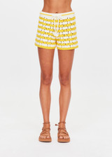 THE UPSIDE women's yellow organic cotton Goldie Malik Crochet Short is designed for a regular fit and features a hand crocheted flower design & an elasticated waist with tassel drawcord.