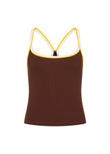 THE UPSIDE women's brown recycled rib Rhythm Caleb Tank Top features a shelf bra with removable cups and cream and yellow binds along neckline. Made for yoga & pilates.