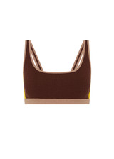 THE UPSIDE women's brown Montage Rory Scoop Knit Sports Bra features a scooped neckline with mid coverage and yellow side pannels. Made for yoga & pilates.