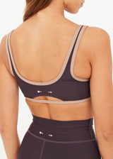 THE UPSIDE women's grey recycled soft peached Kefi Brielle Scoop Sports Bra has a low back design with removable cups and mocha binds along neckline. Made for yoga & pilates.