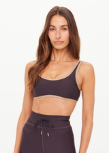 THE UPSIDE women's grey recycled soft peached Kefi Brielle Scoop Sports Bra has a low back design with removable cups and mocha binds along neckline. Made for yoga & pilates.