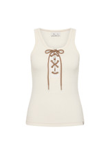 THE UPSIDE women's cream cotton Arkana Rowan Rib Tank has a ribbed fabrication designed for a regular fit and features a lace up front with gold eyelets and braided drawcord. Made for lifestyle.