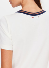 THE UPSIDE women's cream organic cotton Zahra Rib Tee features a rib fabrication and striped neckline in navy and tan. Made for lifestyle.