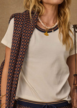 THE UPSIDE women's cream organic cotton Zahra Rib Tee features a rib fabrication and striped neckline in navy and tan. Made for lifestyle.