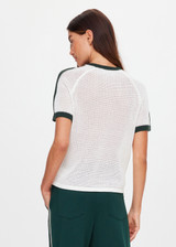 THE UPSIDE women's cream organic cotton Fenway Jordan Knit Tee is a relaxed crew neck knitted tee with knitted green stripe down sleeves and along neckline and armholes. Made for everyday.