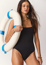 THE UPSIDE women's black Lara One Piece is fully lined and features a square neckline with a scooped back, rouleau straps and soft matte fabrication. Made for swim.
