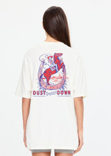 THE UPSIDE women's cream organic cotton Big Beach Tee is an oversized crew neck tee with a ribbed neckline and "dust yourself down" horseshoe artwork printed at back. Made for lifestyle.