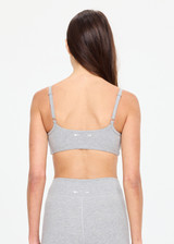 THE UPSIDE women's grey cotton Flash Scoop Neck Sports Bra offers low coverage with a scooped sweetheart neckline, soft support, and binded straps with adjusters. Made for yoga & pilates.