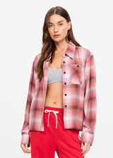 THE UPSIDE women's red plaid Boyfriends Carpenter Shirt is a collared long sleeve button-up in soft fabrication with patch pockets at chest. Made for lifestyle.