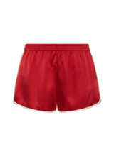 THE UPSIDE women's red 100% silk Run For Your Life Silk Short is a low-rise fit with a soft elastic waistband and cream piping along side seams. Made for lifestyle.