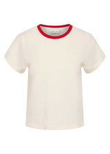 THE UPSIDE women's cream hemp cotton Dusty Ray 70'S Tee is true to size and features a contrast red neckline. Made for everyday wear.