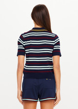 THE UPSIDE women’s stripe 100% organic cotton Archie Collared Knit Polo is true to size and features a striped rib collar, button front closure and ribbed hem. Made for tennis.