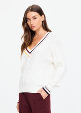 THE UPSIDE women’s cream 100% organic cotton Josette V Neck Knit Sweater is a regular fit cable knit and features a striped rib neckline and cuffs with contrast colour detailing. Made for lifestyle.