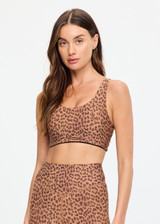 THE UPSIDE women’s leopard recycled peached Javan Jade Sports Bra is designed for a supportive fit and features a full coverage shape, racerback and removable cups. Made for yoga and pilates.