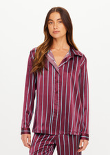 THE UPSIDE women’s stripe 100% silk Capela Billy Silk Shirt is a relaxed fit long sleeve button up and features a collar, button cuffs and stripe satin finish. Made for lifestyle.