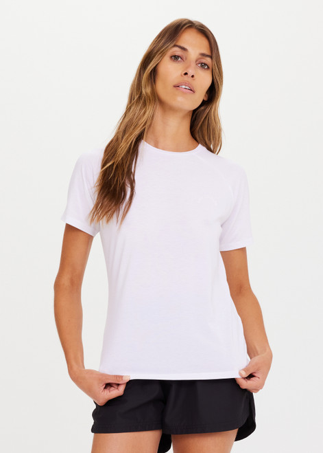 THE UPSIDE Power Tee in White is a recycled Dri Release performance tee with a small tonal printed horseshoe logo at chest.