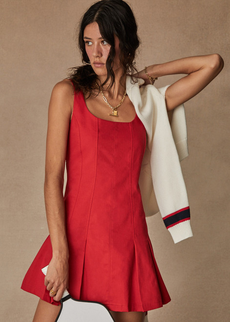 THE UPSIDE Jones Mini Dress in Chilli Red is a sustainable organic cotton tennis dress with square scooped front and back neckline, panelled seams, striped zipper at centre back and fully lined in cotton.