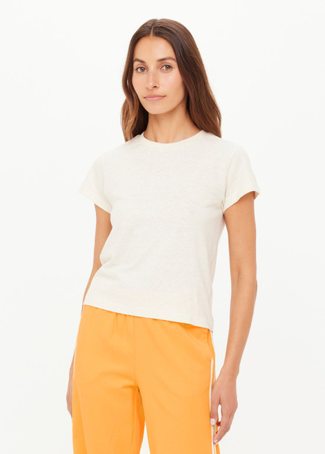 THE UPSIDE women's creme organic cotton The 70's Tee is a classic 70s-inspired tshirt with rib neckline. Made for everyday wear.