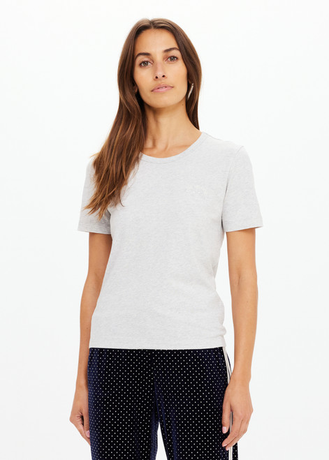THE UPSIDE women's grey Joy Tee is slim fit in organic cotton jersey with soft ribbed neckline and embroidered horseshoe logo at front chest. Made for lifestyle.