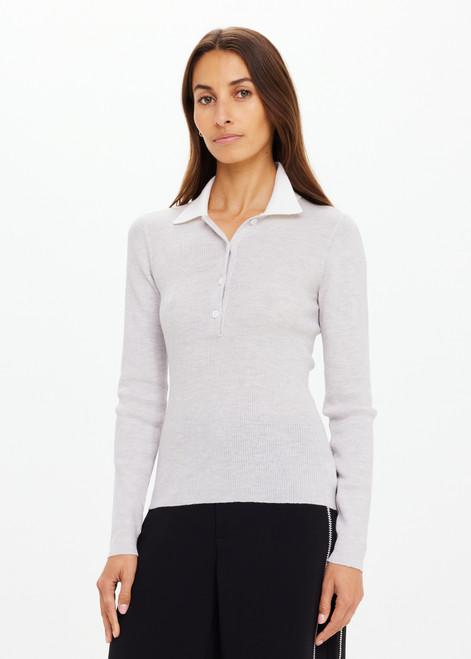 THE UPSIDE women's grey Faye Fine Knit Polo is slim fit in 100% merino wool with contrast cream accents and front button closure. Made for lifestyle.