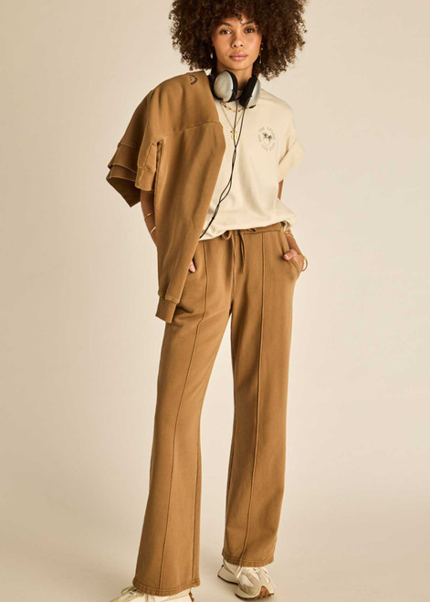 THE UPSIDE women's brown Kalo Willow Wide Leg Pant features a high waist, elasticated waistband with drawcord and front pin stitching. Made for lifestyle.