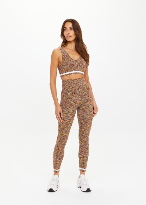 THE UPSIDE women's multi coloured spacedye Seamless 25inch Legging offers a supportive & comfortable fit and features white striped ribbed cuffs.  Made for yoga & pilates.
