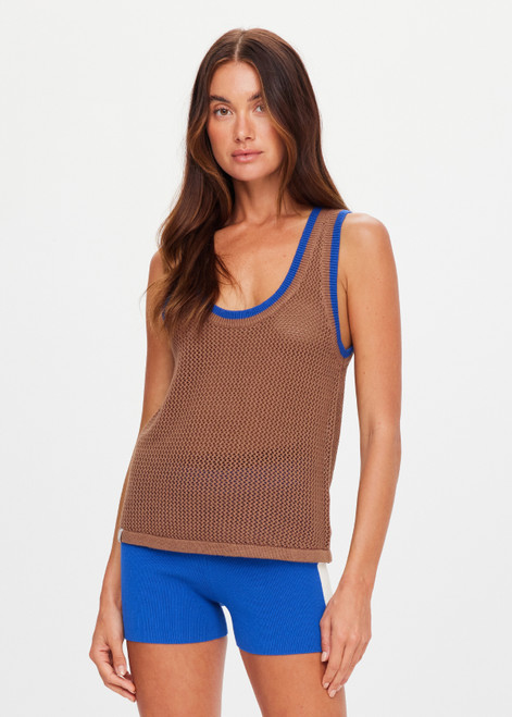 THE UPSIDE women's brown organic cotton Avalon Wales Knit Tank Top is a basketball style tank with a ribbed neckline and armholes in contrast blue, with open knit construction. Made for lifestyle.