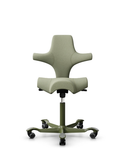Ergonomic saddle chair with green base and adjustable seat front view