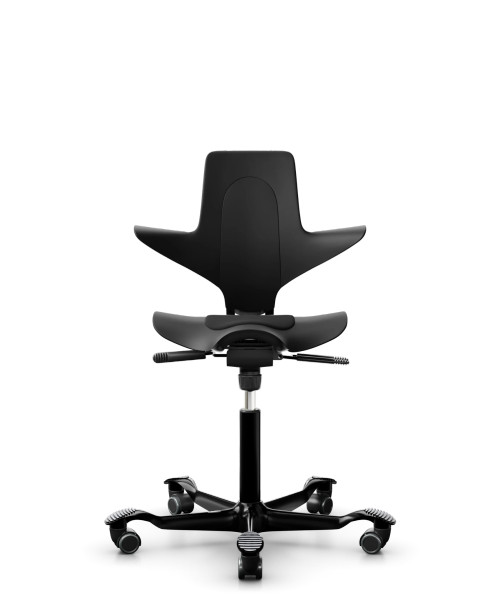 Front view of a black ergonomic saddle stool chair with split saddle seat, backrest, and wheeled base