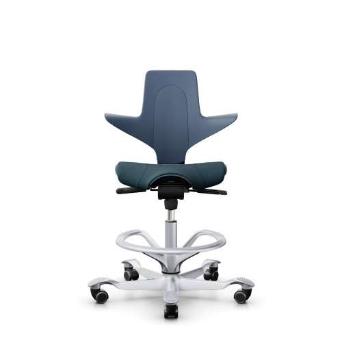 ergonomic office chair with a contoured backrest, padded teal seat, adjustable height mechanism, circular footrest ring, and five-wheel white base