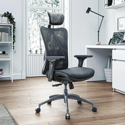 Compact Comfort mesh ergonomic office chair tailored for 5'0" to 5'8" height, featuring a breathable grey mesh seat and adjustable headrest in a modern home office.